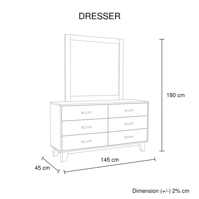 Woodland Dresser Solid Timber Light Brown 6 Drawers In Rustic Texture with Mirror