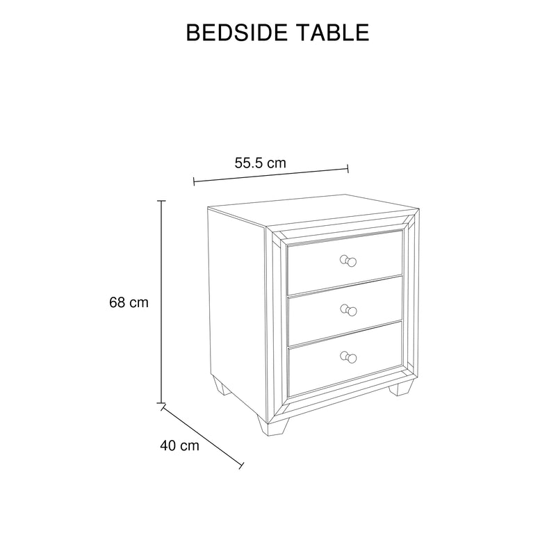 Aurora Bed Side Table Silver Colour MDF Mirror Crystal Beads 3 Drawers Round Handles