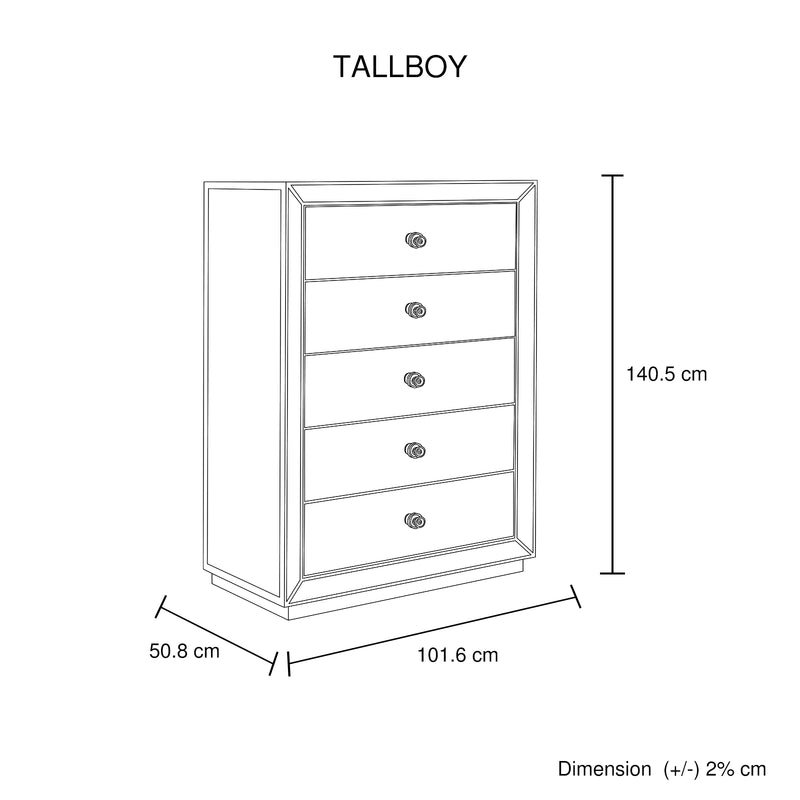 Germany MDF Silver Colour 5 Drawers Mirrored Work Tallboy