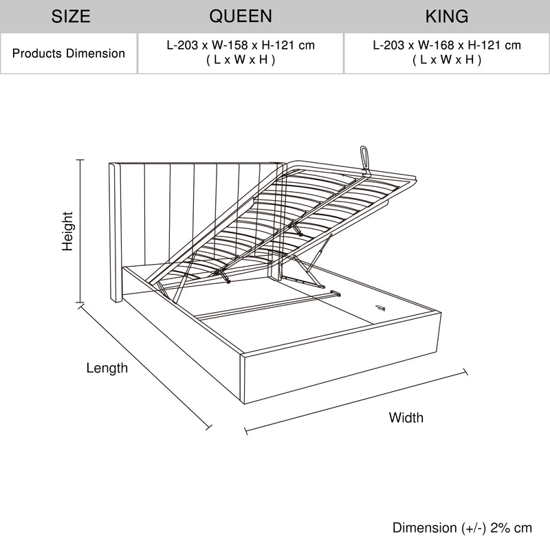 Prado Bedframe MDF Gas Lift Storage Space Leather Upholstery Knock-down Slats Middle Support Leg