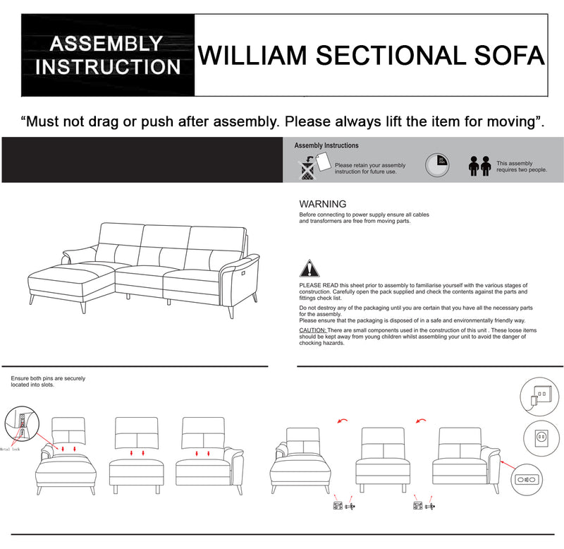 William Top Grain Leather Electric Recliner Chaise Sofa with Storage