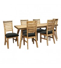 Seashore Dining Table With 6X Chairs in Solid Acacia Timber in Silver Brush Colour with Black Border Linen Seat Upholstery